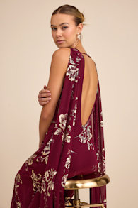 Sidonia Burgundy and Gold Floral Cowl Sash Maxi Dress 6