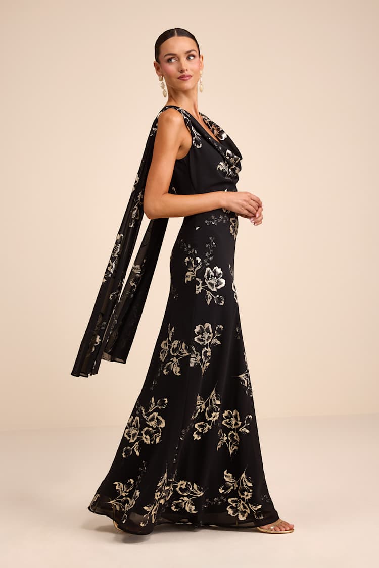 Black & Gold Floral Dress - Backless Gown - Cowl Neck Maxi Dress - Lulus
