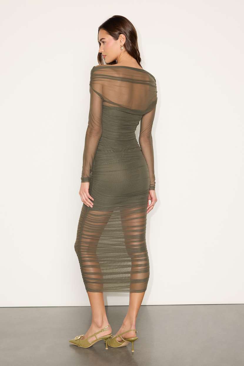 Olive Mesh Midi Dress - Long Sleeve Dress - Ruched Bodycon Dress
