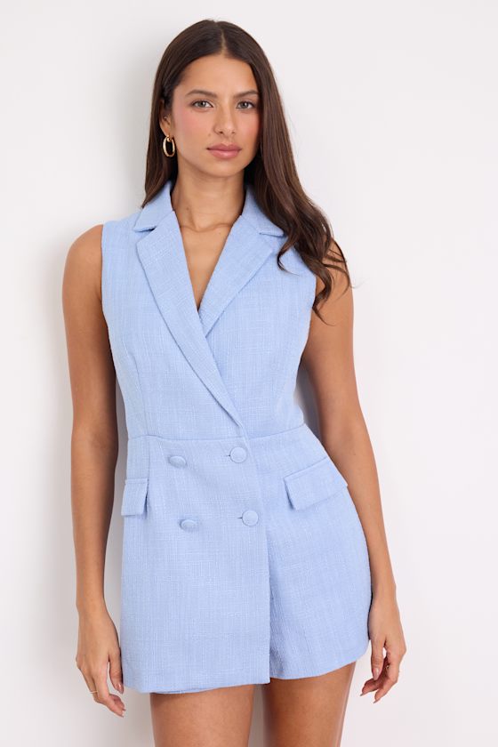 Steve Madden Light Blue Paris Tweed Collared Romper Extra Small
