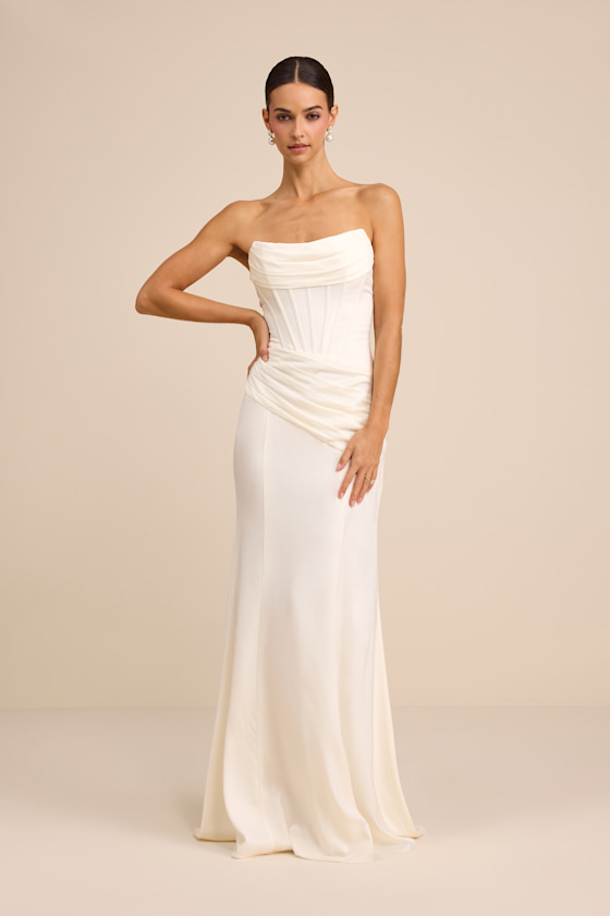 Claudette White Satin Strapless Bustier Maxi Dress 1