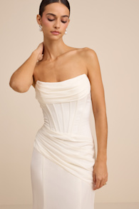 Claudette White Satin Strapless Bustier Maxi Dress 2