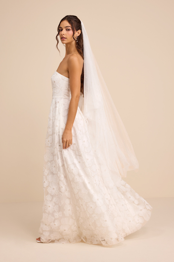 Elysande White Embroidered Beaded Strapless Maxi Dress