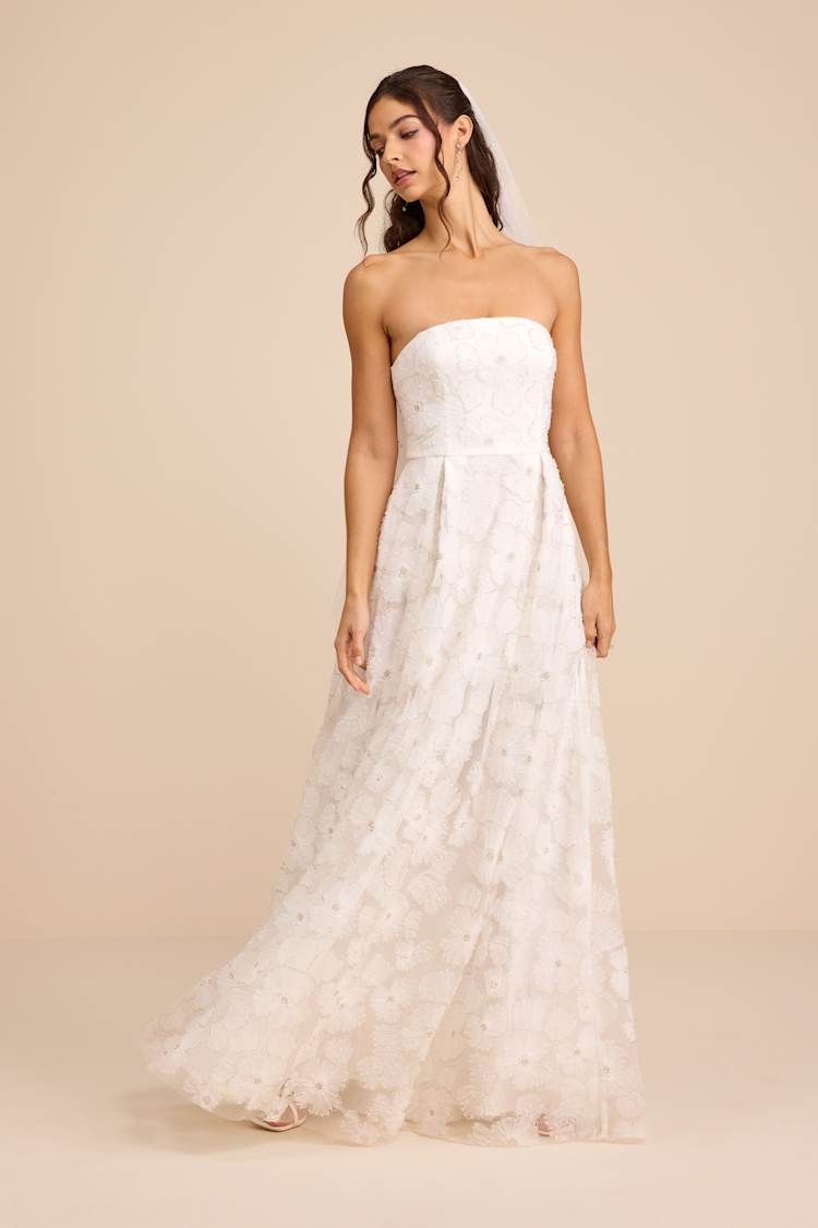 Elysande White Embroidered Beaded Strapless Maxi Dress