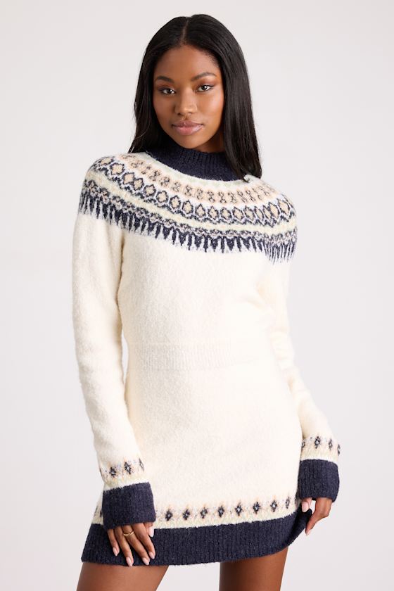 Nina Ivory and Navy Fair Isle Sweater Mini Dress 1