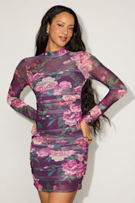 Impressive Flirt Purple Floral Mesh Ruched Mock Neck Mini Dress 1