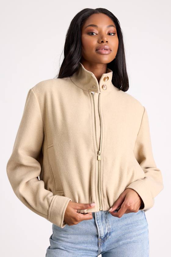 Light Beige Bomber Jacket - Mock Neck Bomber Jacket - Zip Jacket