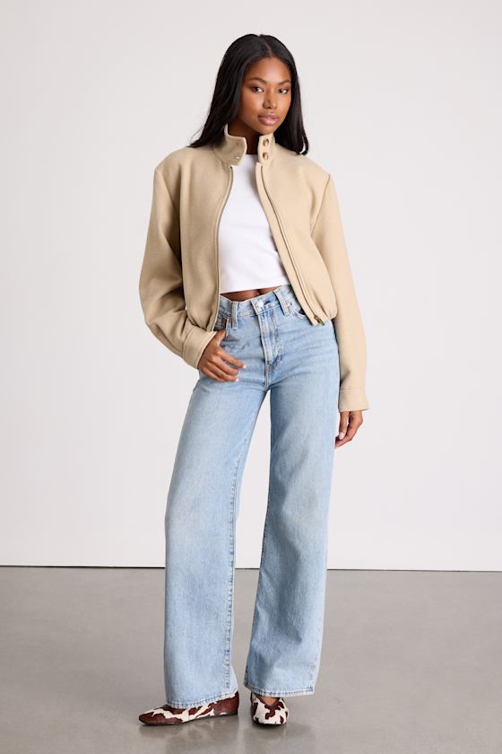 Light Beige Bomber Jacket - Mock Neck Bomber Jacket - Zip Jacket