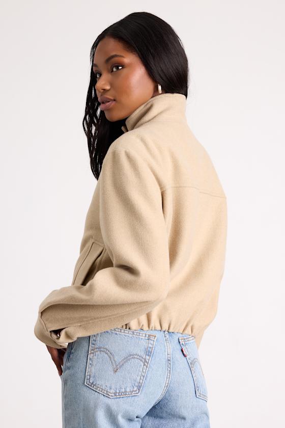 Light Beige Bomber Jacket - Mock Neck Bomber Jacket - Zip Jacket