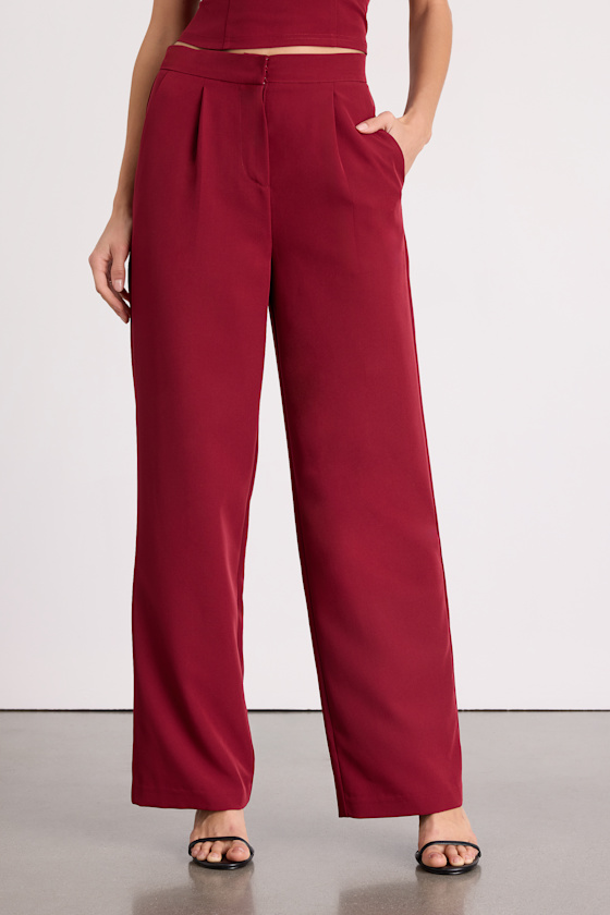 Nasia Burgundy Mid-Rise Wide-Leg Trousers