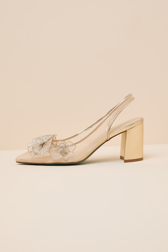 SB-Petra Gold Mesh Satin Floral Rhinestone Slingback Pumps
