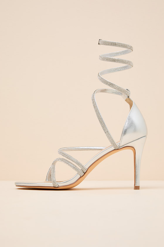 Georgie Silver Rhinestone Ankle Wrap High Heel Sandals