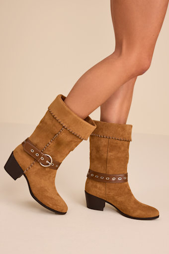 Leah Cognac Suede Buckle Mid-Calf Boots 1
