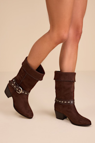 Leah Chocolate Brown Suede Buckle Mid-Calf Boots 1
