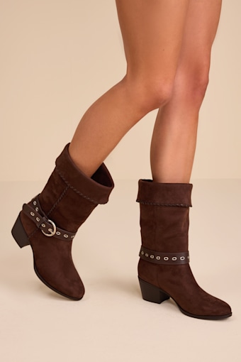 Leah Chocolate Brown Suede Buckle Mid-Calf Boots 1