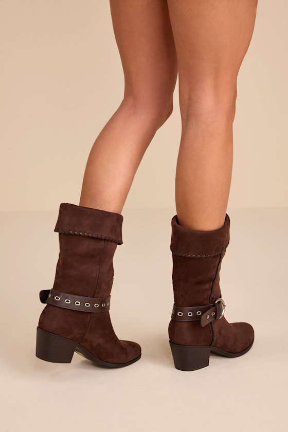 Leah Chocolate Brown Suede Buckle Mid-Calf Boots 3