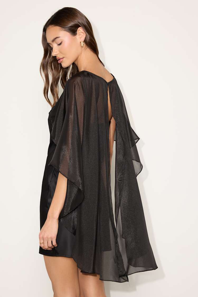 Amini Black Satin Cape Sleeve Mini Dress