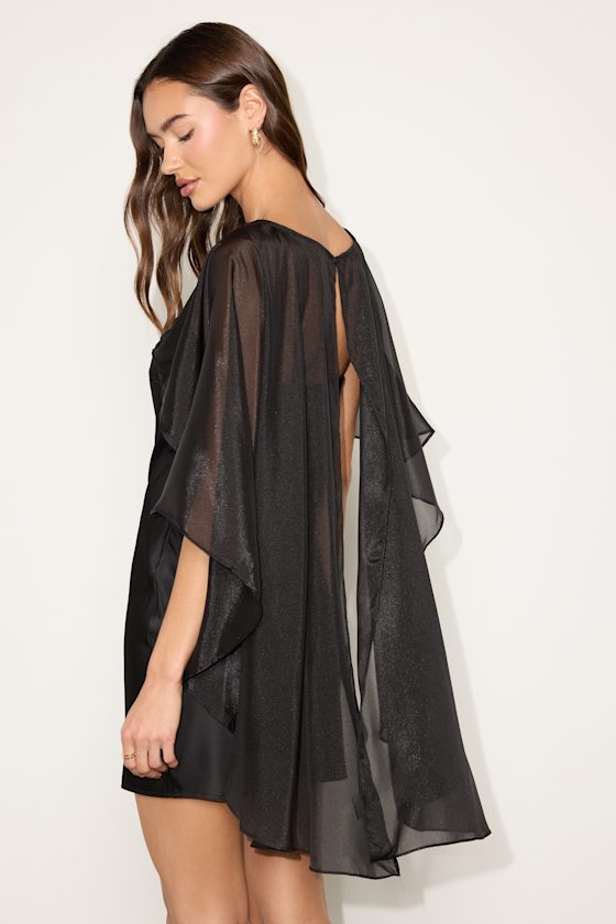 Amini Black Satin Cape Sleeve Mini Dress 2