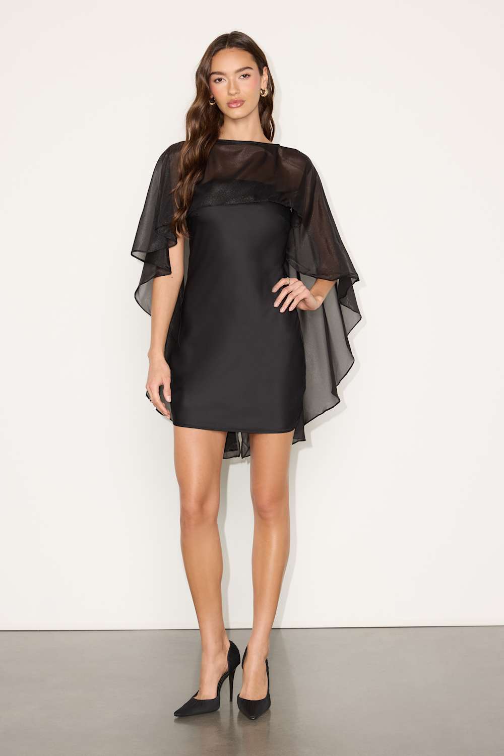 Amini Black Satin Cape Sleeve Mini Dress
