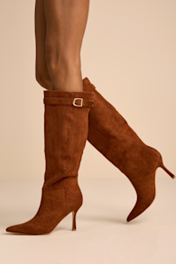 Ronette Brown Suede Slouchy Buckle Knee-High Boots 1