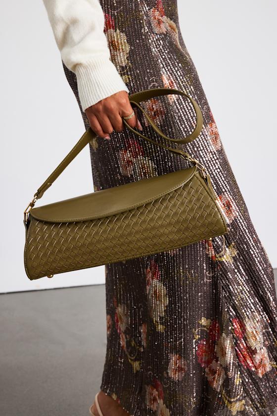 Edwina Olive Vegan Leather Woven Barrel Shoulder Bag 1