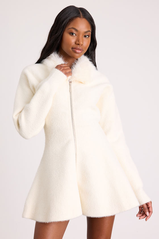 Milky Featherケープ (アイボリー) Ivory Eyelash Knit Dress - Ivory Sweater Dress - Collared Dress