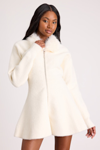 Violetta Ivory Collared Zip-Front Sweater Mini Dress 1
