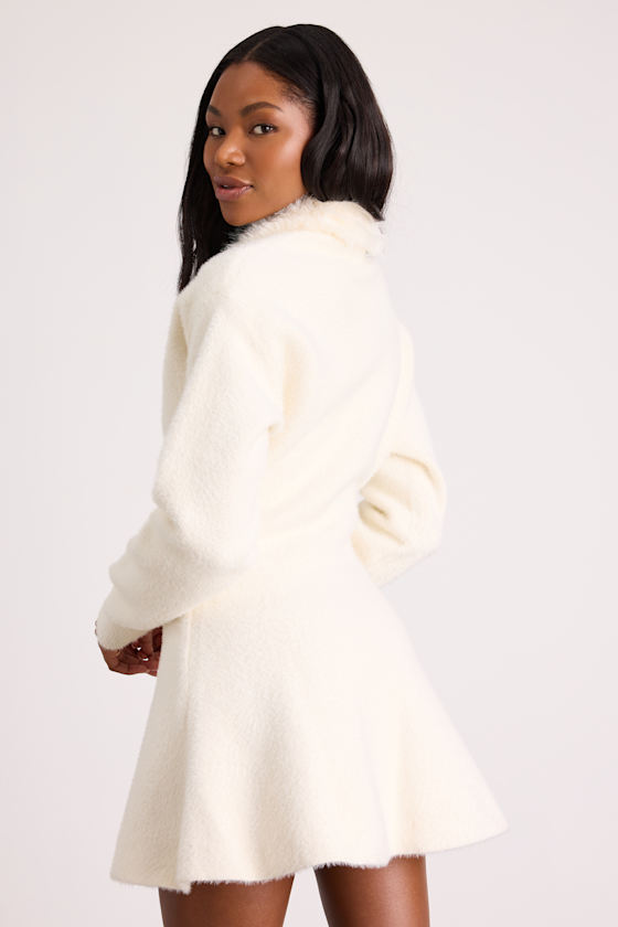 Ivory Eyelash Knit Dress - Ivory Sweater Dress - Collared Dress