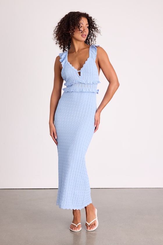 Faylis Light Blue Crochet Ruffled Lace-Up Midi Dress 2