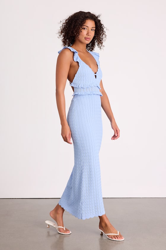 Light Blue Crochet Dress - Ruffled Strap Dress - Backless Dress - Image 5