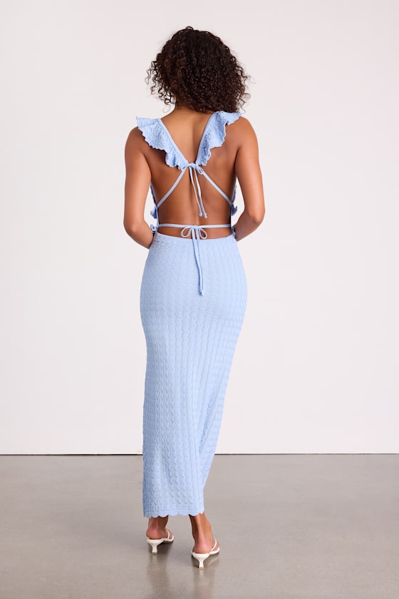 Light Blue Crochet Dress - Ruffled Strap Dress - Backless Dress - Image 6