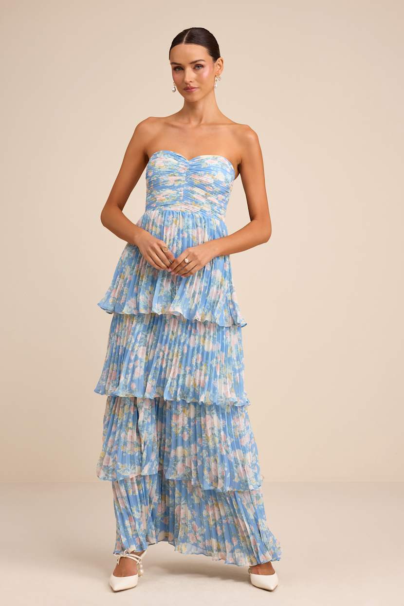 Blue Floral Strapless Tiered Maxi Dress | Womens | Small (Available in XXS, XS, Xl) | 100% Polyester | Lulus