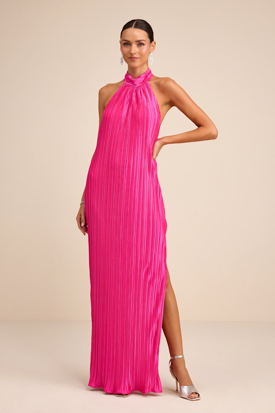 Gwenny Hot Pink Satin Plisse Maxi Dress 1