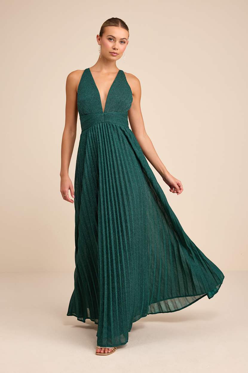 sparkly green maxi dress Emerald Metallic - Pleated Dress - Plunge Maxi Dress Emerald green sequin dress with