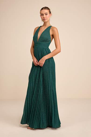 green emerald velvet dress Sparkly Green Maxi Formal Prom Evening Dress with Sleeves EN5503 Size 4 / Green main image 1