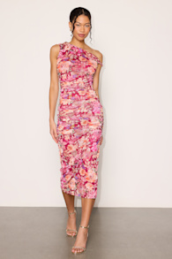 Mizela Berry Red Floral Mesh One-Shoulder Midi Dress 2