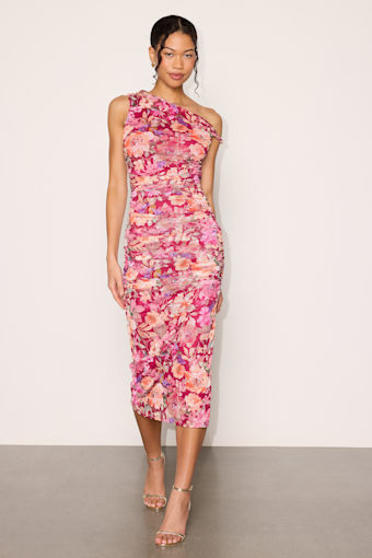 Mizela Berry Red Floral Mesh One-Shoulder Midi Dress 2