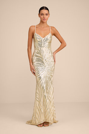 Lulus | Gold Sequin Lace-Up Mermaid Maxi Dress | Womens | X-Large | 100% Polyester