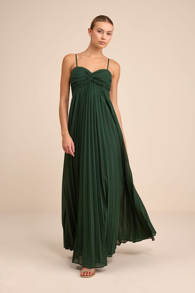 Jolette Emerald Pleated Knot-Front Maxi Dress