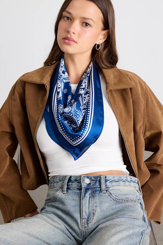 Classic Addition Navy Bandana Print Satin Scarf