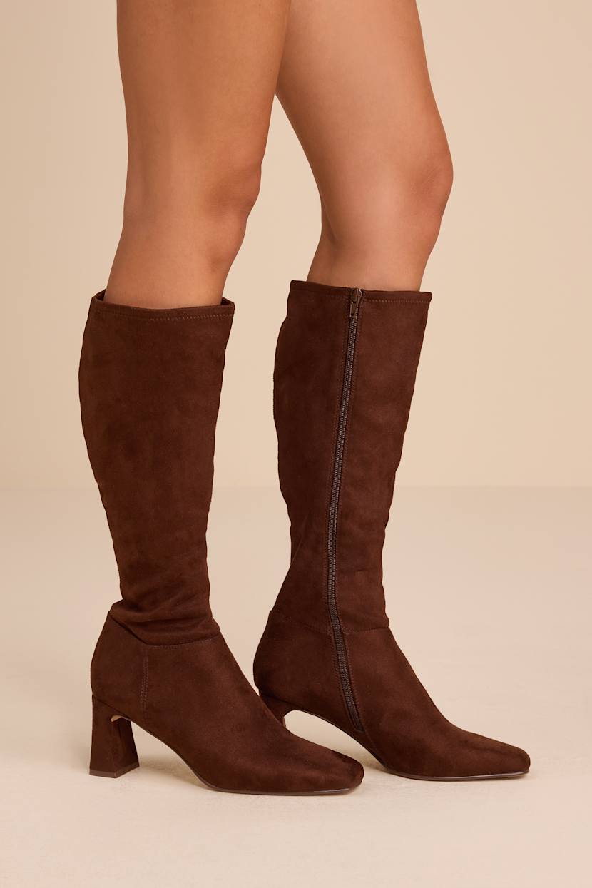 brown knee high dress boots Women's Set The Tone Chocolate Brown Faux Leather Knee High Block Heel Boots | Size: 7 main image 1