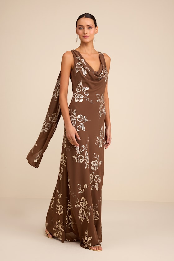 Image of Sidonia Brown and Gold Floral Cowl Sash Maxi Dress