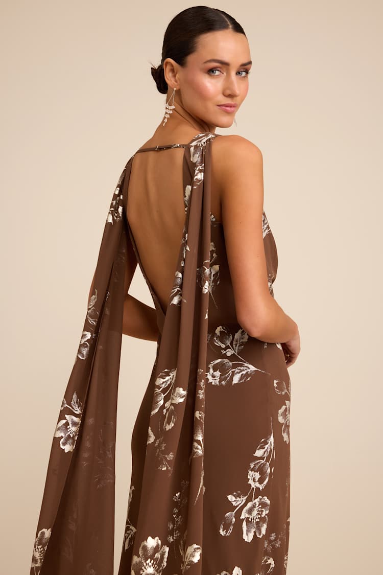 chinese dress ladies Sheer Floral Tiered Maxi Dress-Brown Cream | Women's Dresses main image 1