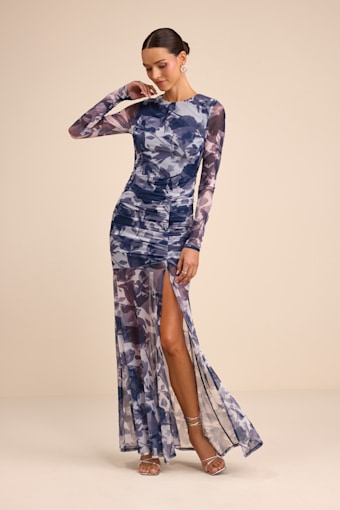 Vibrant Poise Blue Floral Print Mesh Ruched Maxi Dress 1