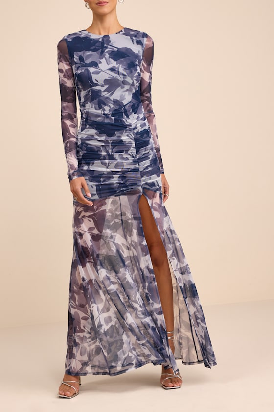 Blue Floral Print Dress - Mesh Ruched Dress - Maxi Dress - Image 2