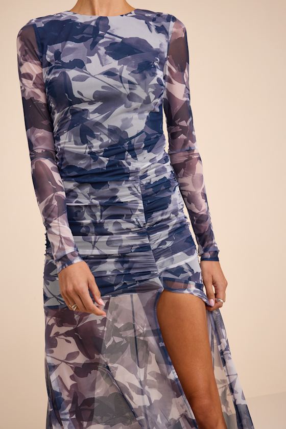 Blue Floral Print Dress - Mesh Ruched Dress - Maxi Dress - Image 3