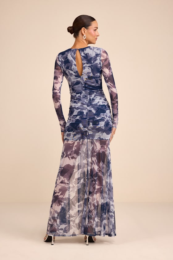 Blue Floral Print Dress - Mesh Ruched Dress - Maxi Dress - Image 4