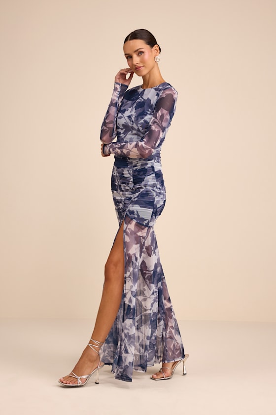 Blue Floral Print Dress - Mesh Ruched Dress - Maxi Dress - Image 5