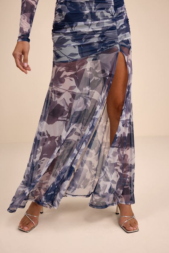Blue Floral Print Dress - Mesh Ruched Dress - Maxi Dress - Image 6