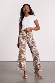 Venesse Light Brown Floral Twill Wide-Leg Pants 1